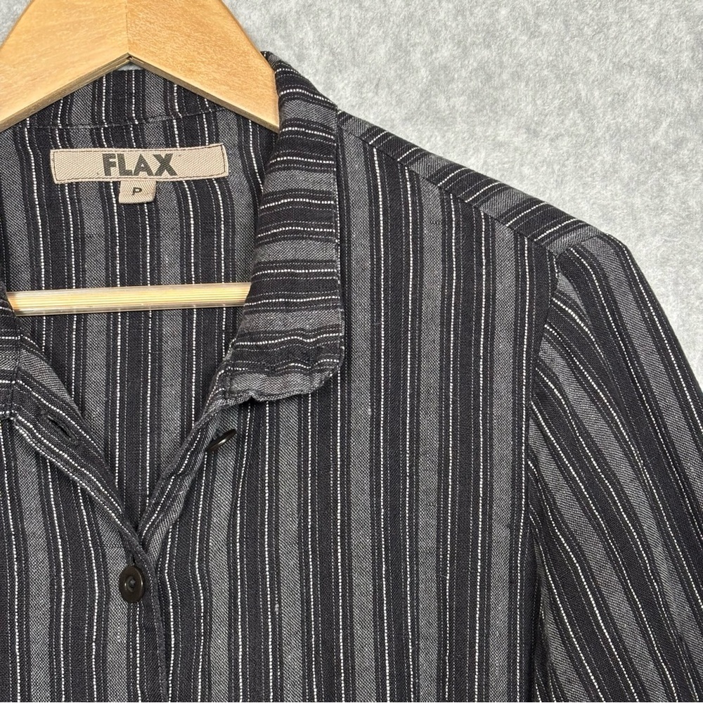 Flax Striped Linen Long Sleeve Button-Down Tunic Shirt-Black/White-Women US 4-6